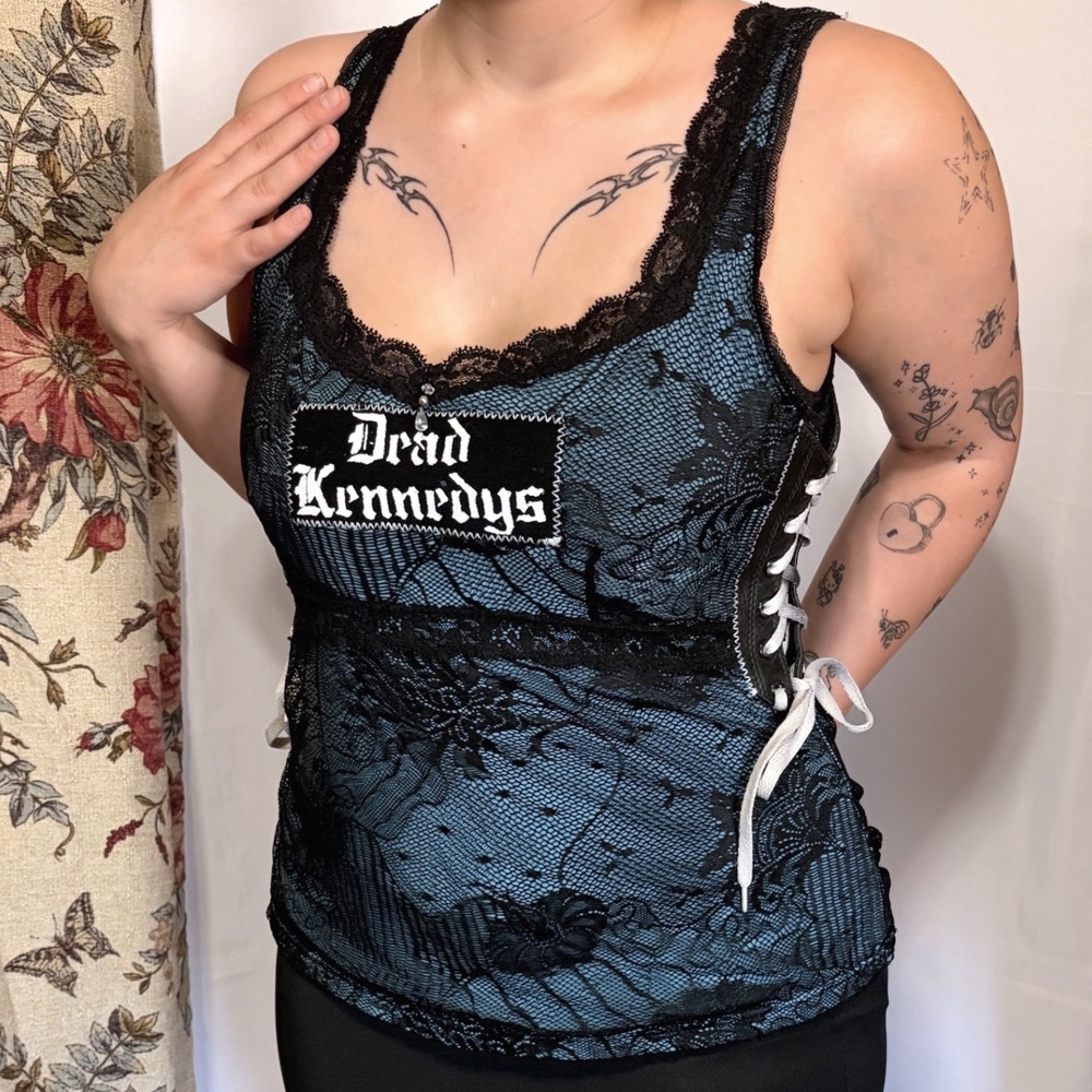 Dead Kennedys Custom Black and teal tank top with lace and grunge detailing